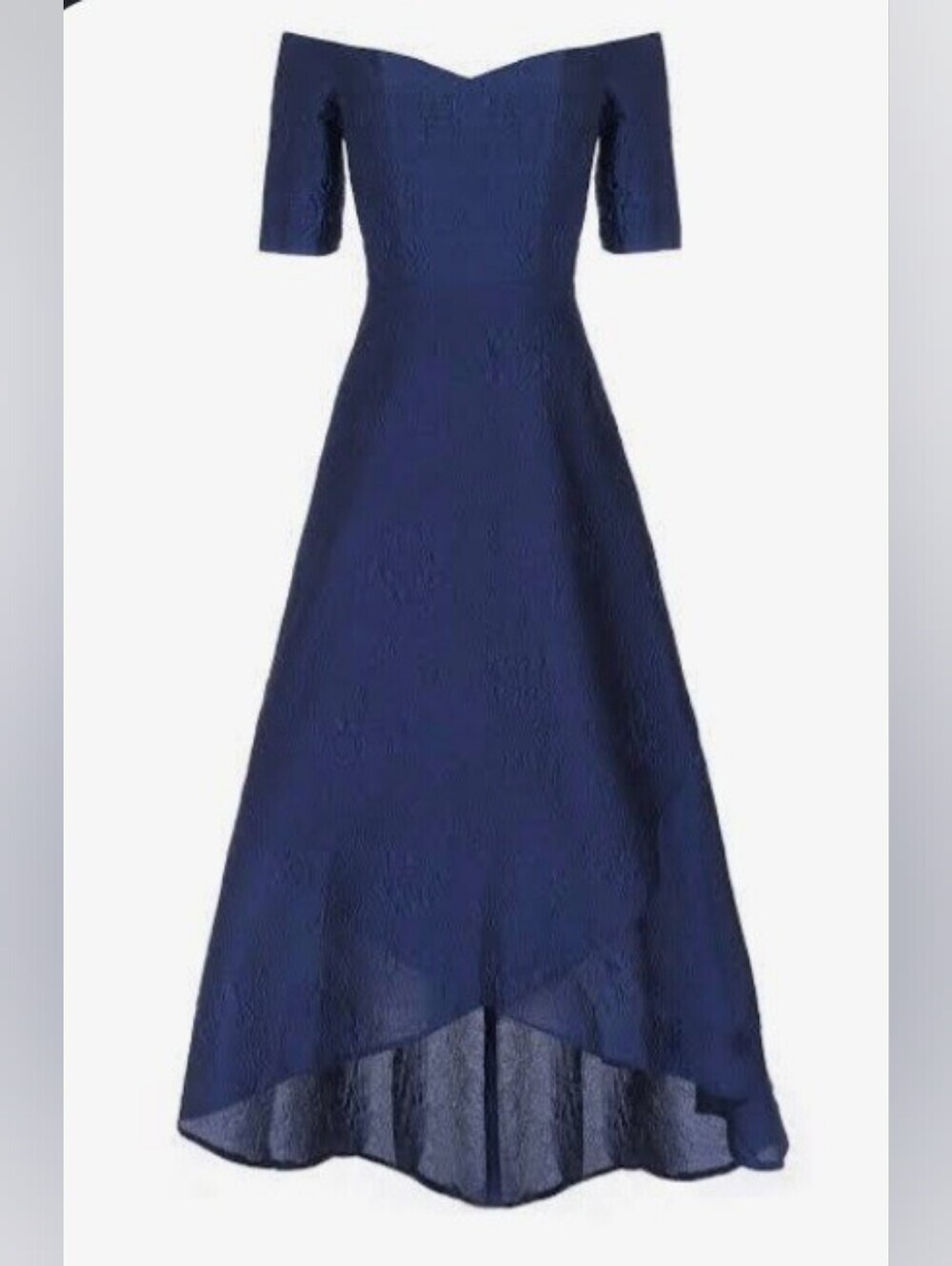 Janique by Kourosh Babaian Off-Shoulder Textured Jacquard Gown–Navy Blue-Size 14